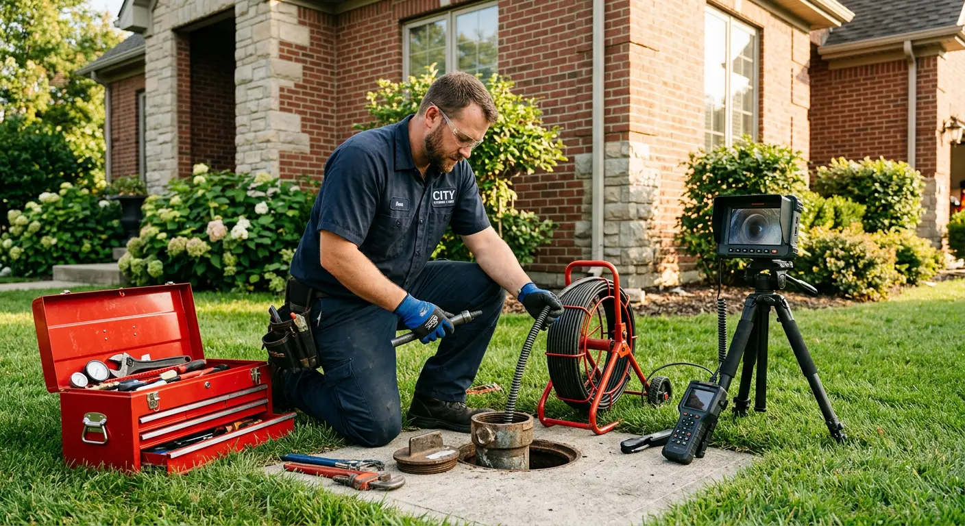 Sewer specialist with camera equipment servicing a cleanout in Edgemoor