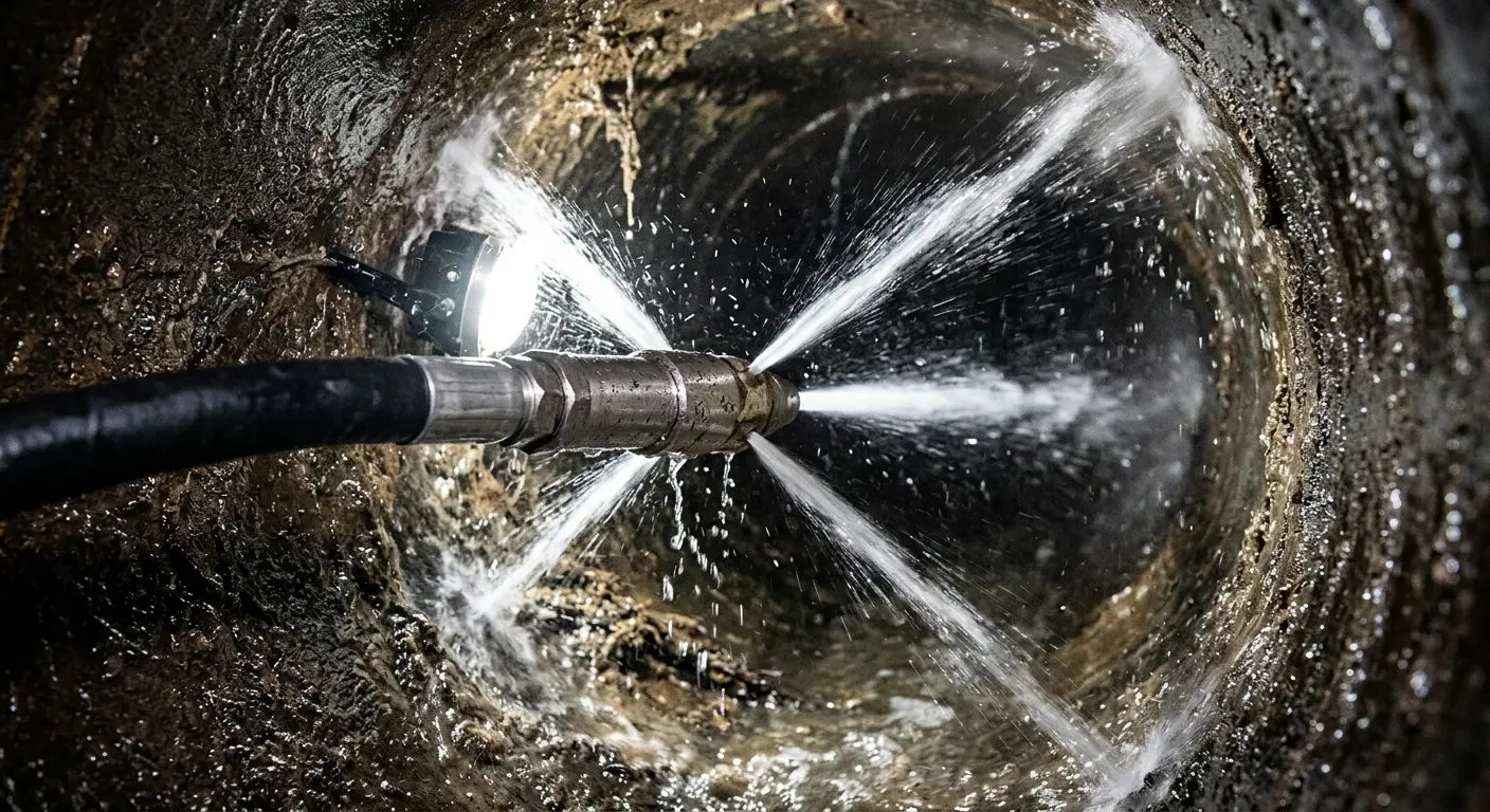 High-pressure hydro jetting nozzle cleaning sewer pipe for Trenchless Sewer Repair in Edgemoor
