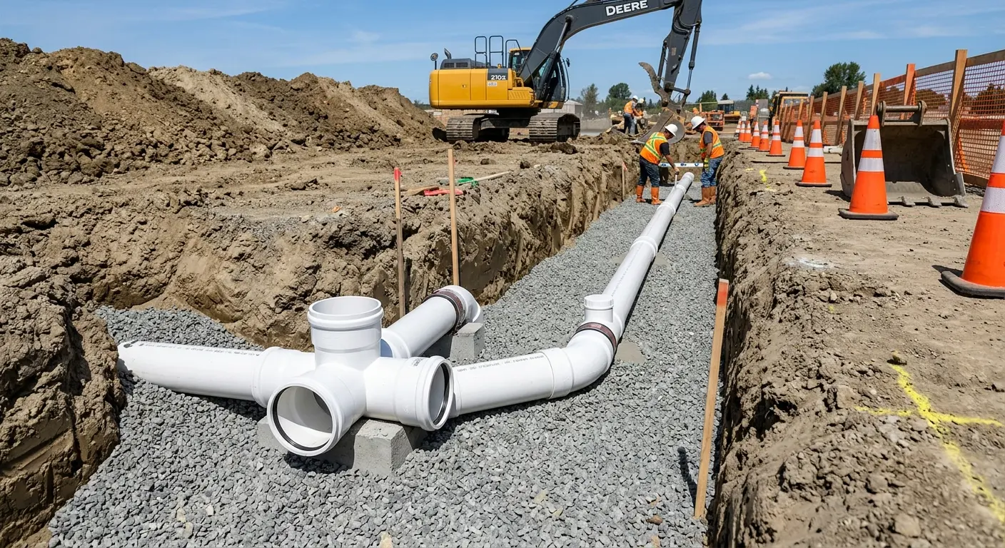 New PVC sewer pipe installation in open trench for Commercial Drain Cleaning in Edgemoor
