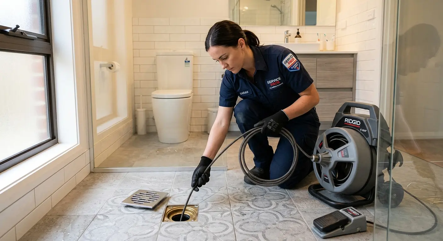 Technician clearing a bathroom floor drain for Sewer Line Installation in Edgemoor